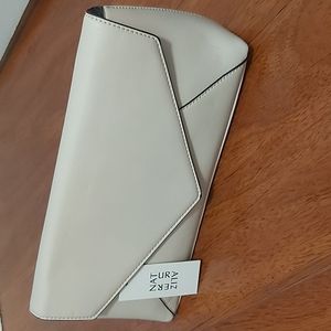 Ivory envelope clutch with silver tone chain strap